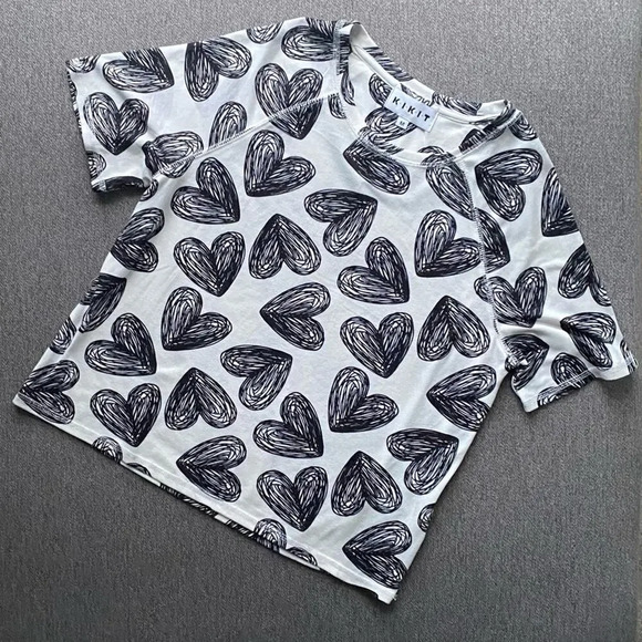 KIKIT Black And White Short Sleeve Heart Blouse Top Medium - Picture 1 of 5